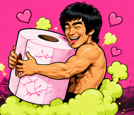 Lee lovingly hugging a giant roll of toilet paper, surrounded by hearts and green clouds